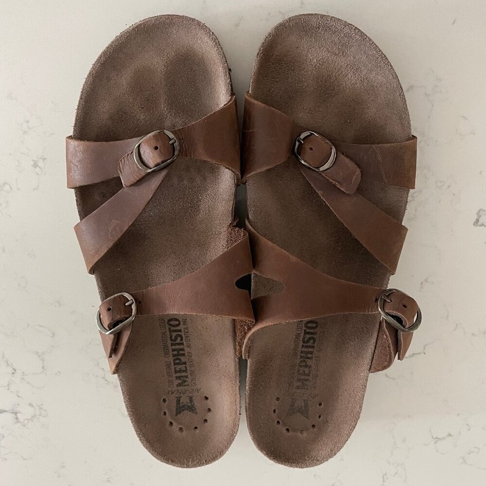 Mephisto Hannel Leather Slide Sandals w Buckled Straps Cork Midsole Brown Sz 41